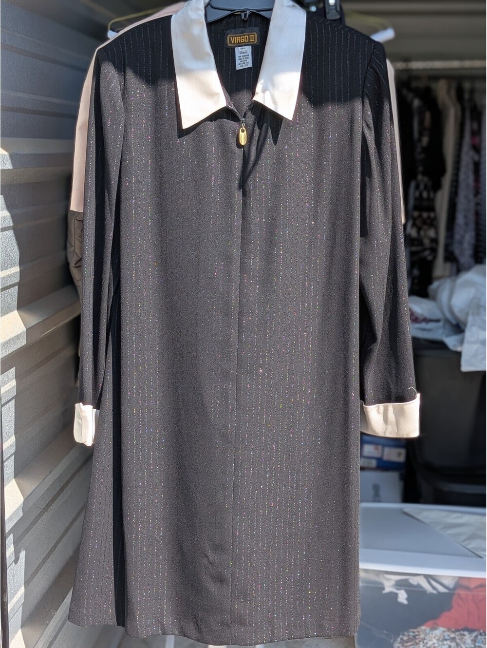 Virgo II dark pinstripe dress with white collar